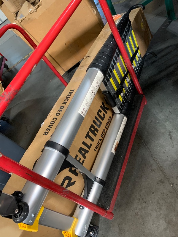 Photo 1 of (used)(missing one washer)(see all images) 26.2FT Telescoping Ladder with Stabilizer Bar Wheels and Hooks, Multi-Purpose Extension Aluminum Folding Ladder Collapsible