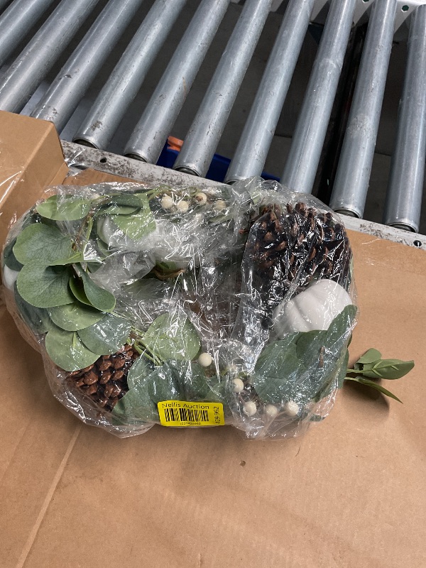 Photo 1 of ***(HEAVILY USED/ MNOR DAMAGE)***Winlyn White Pumpkin Garland Artificial Eucalyptus with White Pumpkins Pinecones Berries Fall Foliage for Wedding Arch Backdrop Thanksgiving Table Runner Farmhouse Decor 6' Long