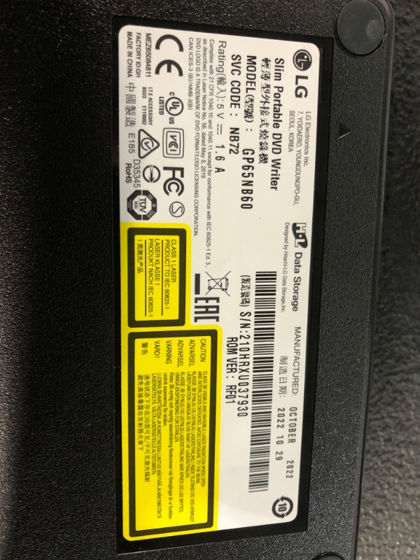 Photo 2 of ***Missing cable***
LG GP65NB60 8X USB 2.0 Super Multi Ultra Slim Portable DVD Writer Drive +/-RW External Drive with M-DISC Support - Black