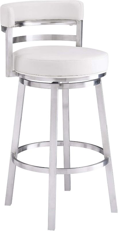 Photo 1 of (FAIR) Armen Living Madrid 26" Counter Height Swivel Modern White Faux Leather and Brushed Stainless Steel Bar Stool
