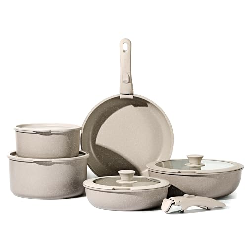 Photo 1 of (PARTIAL SET) (USED/FAIR) CAROTE Pots and Pans Set, Nonstick Cookware Set Detachable Handle, 11pcs Kitchen Cookware Sets Non Stick with Removable Handle, Induction RV Cookware Set, Oven Safe, Almond

