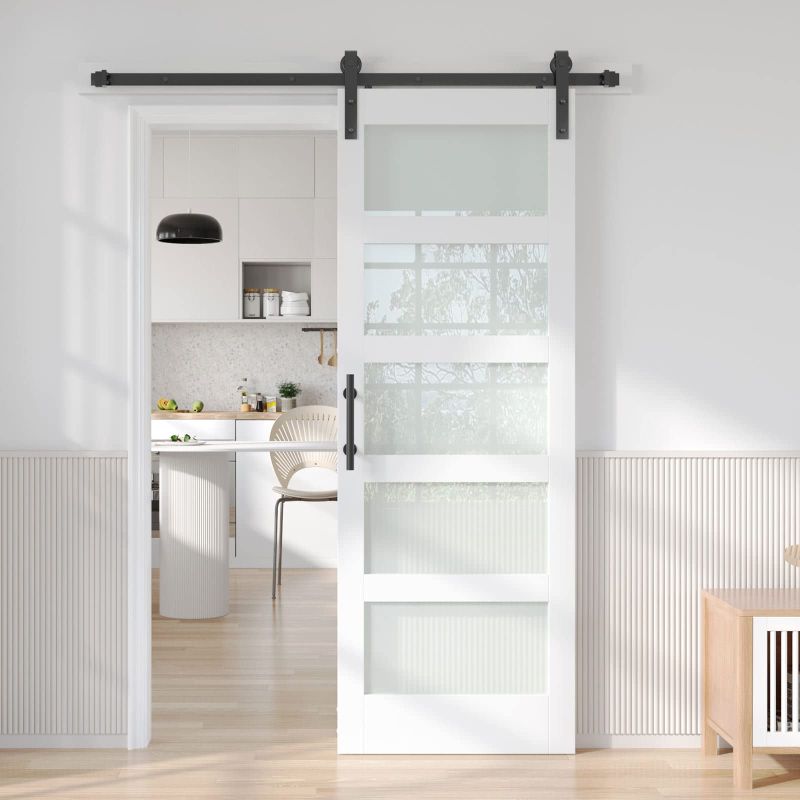 Photo 1 of (PARTIAL SET) (USED/FAIR) Fredbeck 30in x 84in White Glass Barn Door with 5.5FT 66inch Sliding Door Hardware Kit Included & Handle,PVC Surface,Need to Assembly