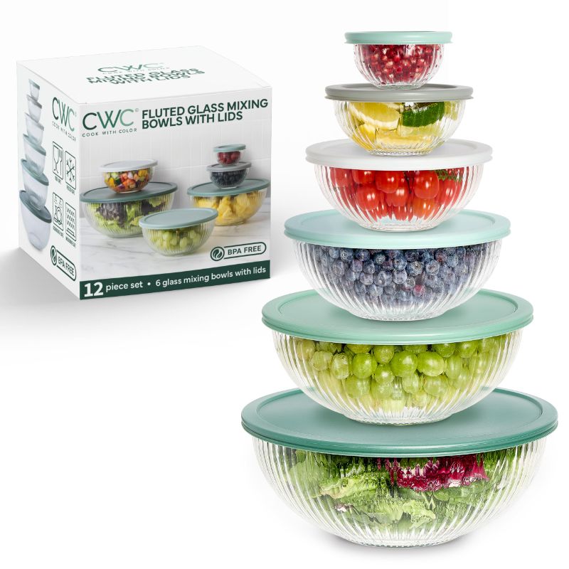 Photo 1 of (PARTIAL SET) COOK WITH COLOR 12 Pc Glass Mixing Bowl Set with Lids – Borosilicate Glass Nesting Bowls for Cooking, Baking and Meal Prep, Fluted Sage

