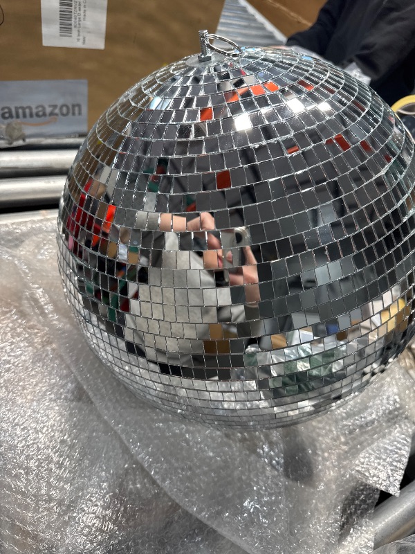 Photo 1 of **Minor damage**
16 Inch Large Mirror Disco Ball Decor, Rotating Hanging Disco Ball for Outdoor DJ Club Party, Weddings, Holiday Decor, Mirror Ball with Hanging Ring
