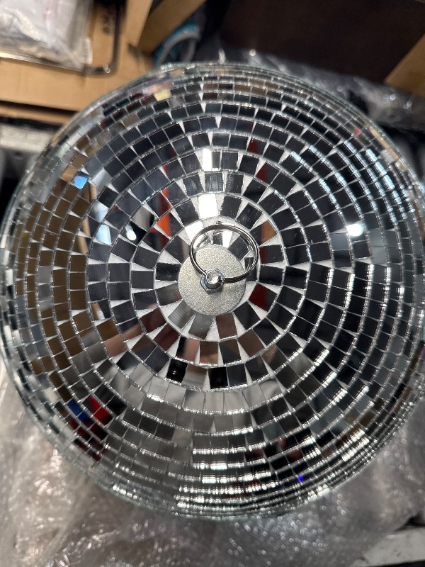 Photo 1 of **Minor damage**
16 Inch Large Mirror Disco Ball Decor, Rotating Hanging Disco Ball for Outdoor DJ Club Party, Weddings, Holiday Decor, Mirror Ball with Hanging Ring