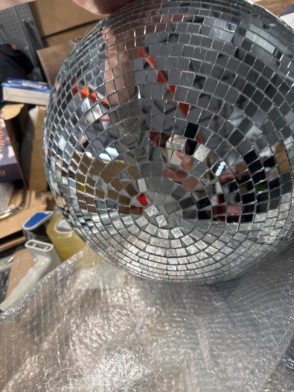 Photo 1 of **Minor damage**
16 Inch Large Mirror Disco Ball Decor, Rotating Hanging Disco Ball for Outdoor DJ Club Party, Weddings, Holiday Decor, Mirror Ball with Hanging Ring