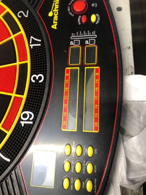 Photo 1 of **, PARTS ONLY, BROKEN DISPLAY**
Arachnid Cricket Pro 450 Electronic Dartboard Features 31 Games with 178 Variations and Includes Two Sets of Soft Tip Darts , Black/Red, 19.00 x 1.00 x 19.00 inches