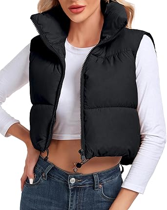 Photo 1 of (S)Women's Cropped Puffer Vest Sleeveless High Stand Collar Crop Outerwear Zip Up Warm Padded Gilet
