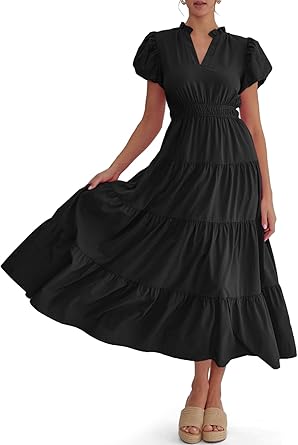 Photo 1 of  Womens Summer Midi Dress Puff Short Sleeve V Neck Flowy Tiered Beach A-Line Dresses Black S