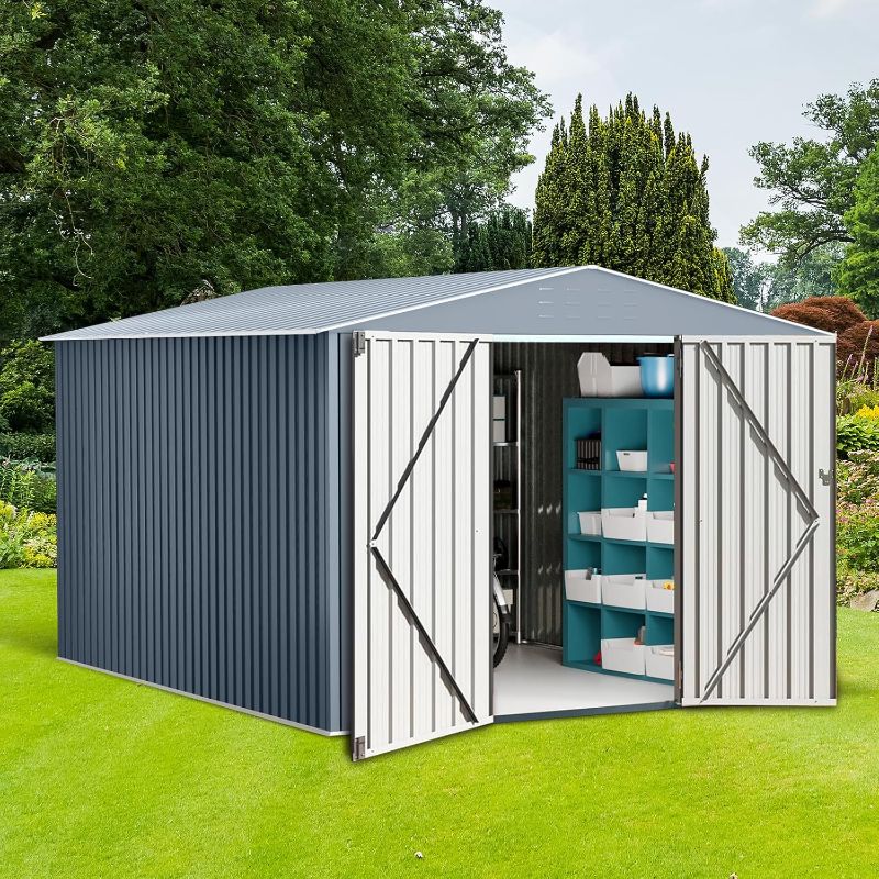 Photo 1 of 8x12 FT Outdoor Metal Storage Shed, Large Metal Storage Sheds with Sturdy Frame Structure, Garden Tool Shed with Lockable Door for Garden, Lawn, Backyard, Gray