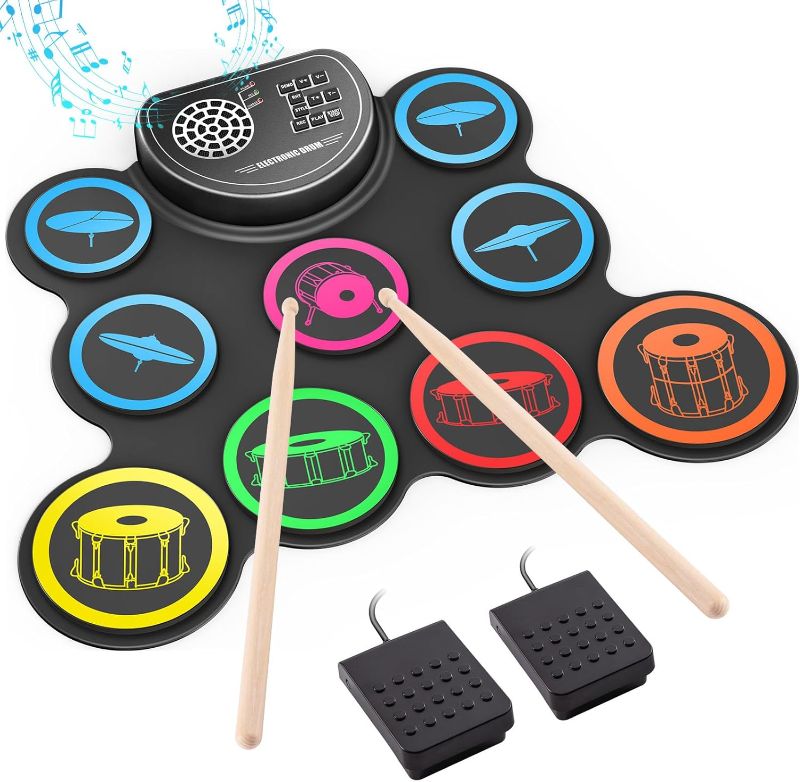 Photo 1 of ****AS IS / NO RETURN - FINAL SALE****
4 SETS OF -  Electronic Drum Set, 9-Drum Practice Pad with Headphone Jack, Roll-up Drum Kit Machine with Built-in Speaker Drum Pedals and Sticks 10 Hours Playtime, Great Christmas Holiday Gifts for Kids