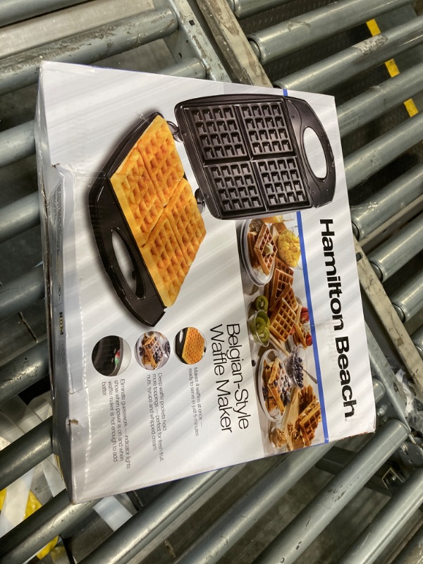 Photo 1 of Hamilton Beach Non-Stick Belgian Waffle Maker with Indicator Lights, Makes 4 4" x 5" Mini Waffles, Hashbrowns or Keto Chaffles at Once, Compact Design for Easy Storage, Black & Stainless Steel (26020)