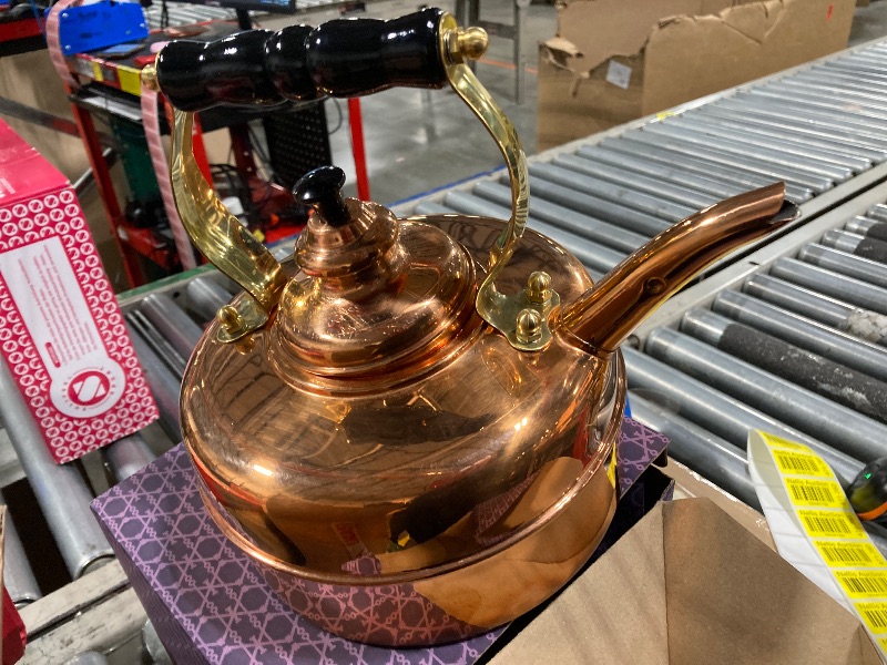 Photo 2 of **USED / HAS SOME SCRATCHES**  Newey & Bloomer Kensington No. 1 Tea Kettle, 1.9 Qt. - Handmade Solid Copper Body & Beechwood Handle, Whistling Lid - Classic British Craftsmanship - Gas & Electric Compatible