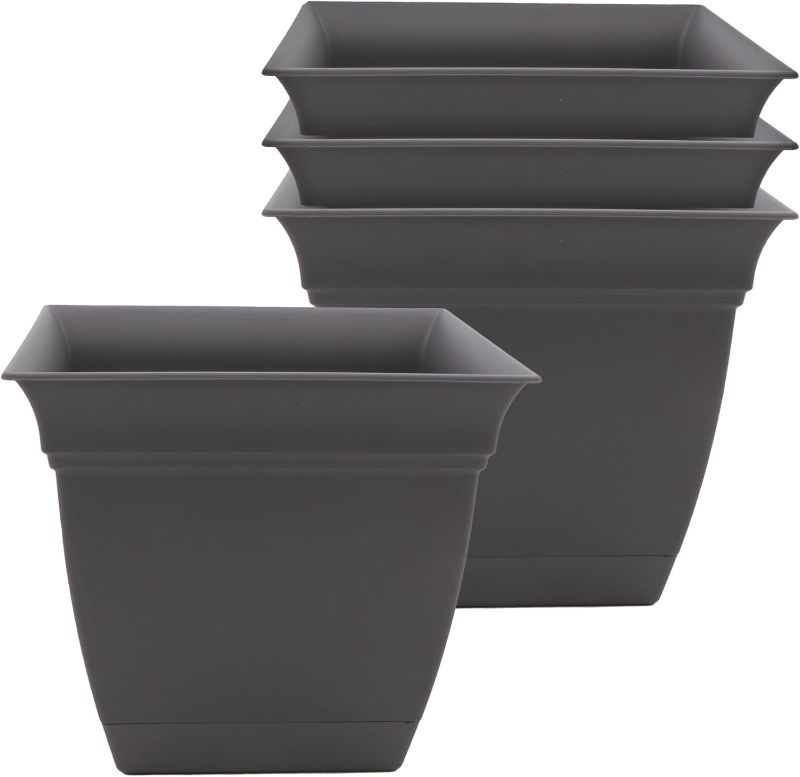 Photo 1 of  Companies 8 Inch Eclipse Square Planter with Saucer - Indoor Outdoor Plant Pot for Flowers Vegetables Herbs, Warm Gray (Pack of 4)