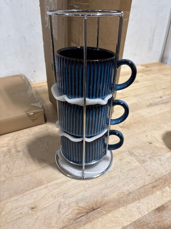 Photo 4 of **MISSING ONE MUG**glowworm Coffee Mugs Set of 4, 15 Oz Stackable Coffee Mugs with Rack, Ceramic Cups for Home, Office, Housewarming & Engagement Gifts, Microwave & Dishwasher Safe, Navy Blue