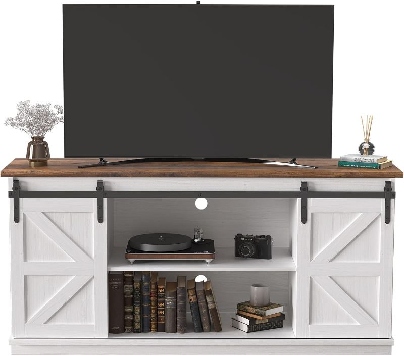 Photo 1 of **USED**
**MISSING PARTS**
**SIMILAR ITEM**
TV Stand for 65 Inch TV, Entertainment Center with Storage Cabinets and Sliding Barn Doors, Mid Century Modern Media TV Console Table for Living Room Bedroom (Bright White)