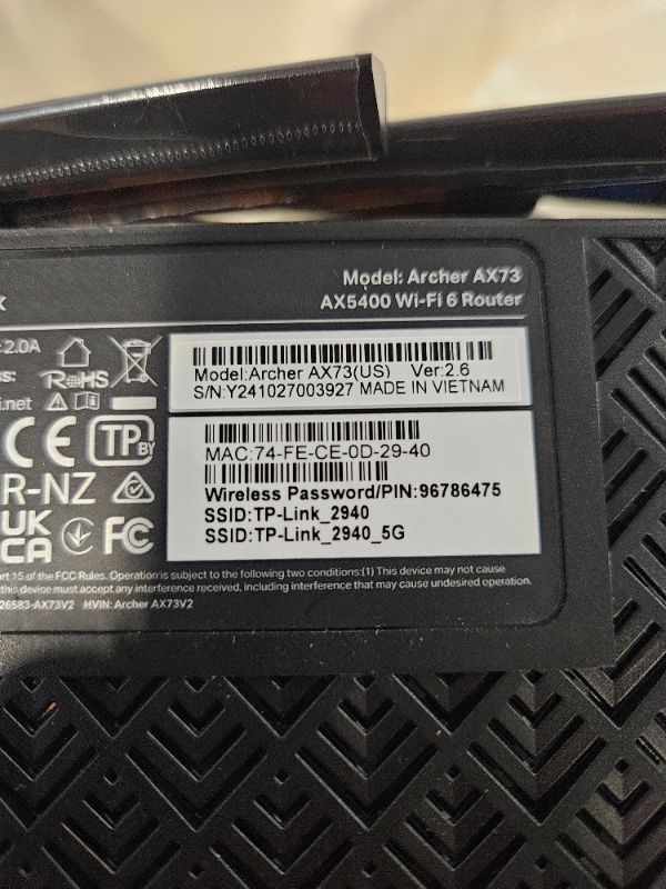 Photo 2 of **UNABLE TO TEST**
TP-Link AX5400 WiFi 6 Router (Archer AX73)- Dual Band Gigabit Wireless Internet Router, High-Speed ax Router for Streaming, Long Range Coverage, 5 GHz