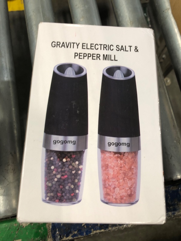 Photo 2 of 2 Pack Gravity Electric Salt and Pepper Grinder Set Automatic Battery Powered Salt Mill, Adjustable Coarseness, with Blue LED Light, One Hand Operated