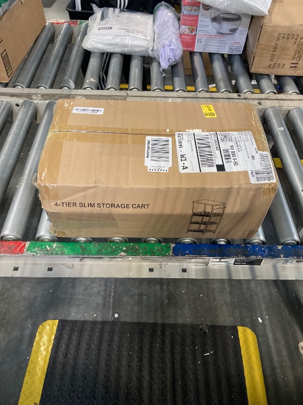 Photo 1 of OKZEST Utility Slim Storage Cart, 4-Tier Narrow Kitchen Laundry Room Organization and Storage Cart with Wood Top, Metal Narrow Bathroom Storage Cabinet, Slim Rolling Carts with Wheels for Small Space