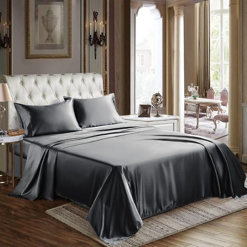 Photo 1 of CozyLux Satin Sheets Queen Size - 4 Piece Dark Grey Bed Sheet Set with Silky Microfiber, 1 Deep Pocket Fitted Sheet, 1 Flat Sheet, and 2 Pillowcases - Smooth and Soft