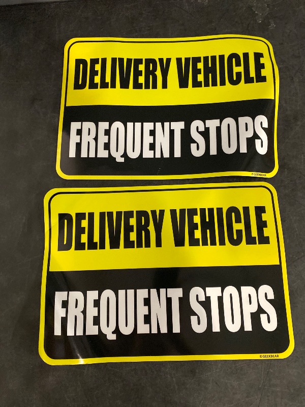 Photo 1 of GEEKBEAR Delivery Vehicle Frequent Stops Sign (Yellow/Black, 2 Pack) - Reflective, Strong Magnetic Hold, Durable, Eye-Catching Design, Gift-Ready Packaging