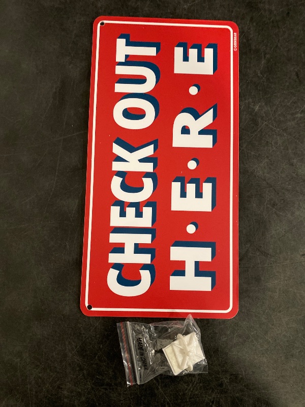 Photo 1 of GEEKBEAR Check Out Here Sign Hanging from Ceiling - 12 x 6 in (Red)