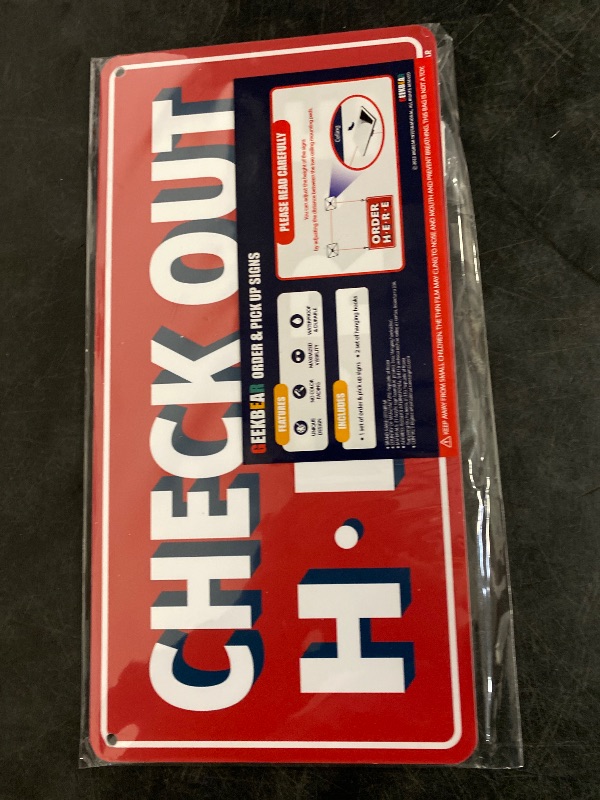 Photo 1 of GEEKBEAR Check Out Here Sign Hanging from Ceiling - 12 x 6 in (Red)