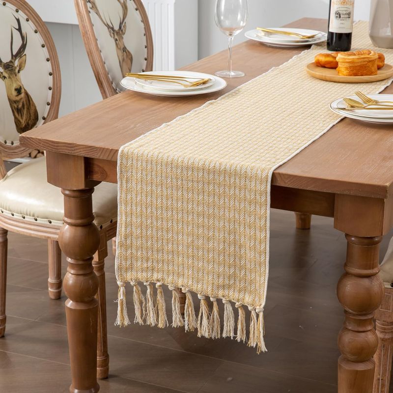 Photo 1 of Woven Table Runner with Handmade Tassel, Rustic Farmhouse Table Runners for Christmas Holiday Party Kitchen Dining