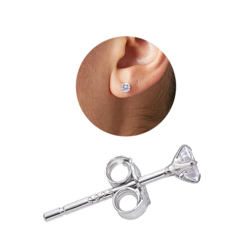 Photo 1 of 3 MM Cubic Zirconia Small Diamond Studs Earrings Sterling Silver Post Earrings for Piercing, Crystal Clear