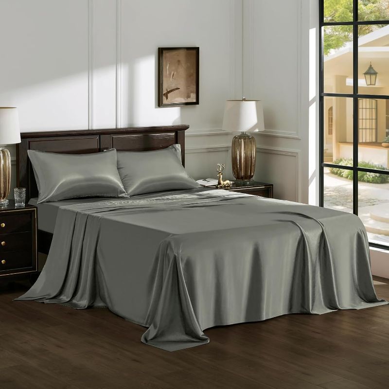 Photo 1 of Vilsmud Satin Sheets Queen Size Set - 4-Piece Silky Bed Sheet Set Cooling Soft, Deep Pocket Fitted Sheet, Flat Sheet, and 2 Pillowcases(Gray, Queen)