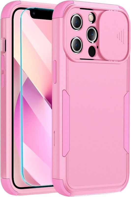 Photo 1 of iPhone 13 Pro Max Heavy Duty Protection Case with Camera Slide Cover Screen Protector, Wireless Charging Case Compatible for Apple iPhone 13 Pro Max 6.7 inch, Pink