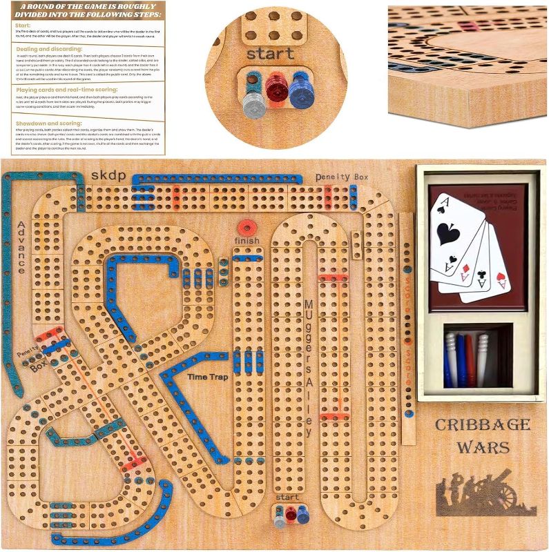Photo 1 of Cribbage Wars Board Game,2025 Wooden Cribbage Board Game Set Traps Cribbage Games Classic Board Game Night Bar Games for Families