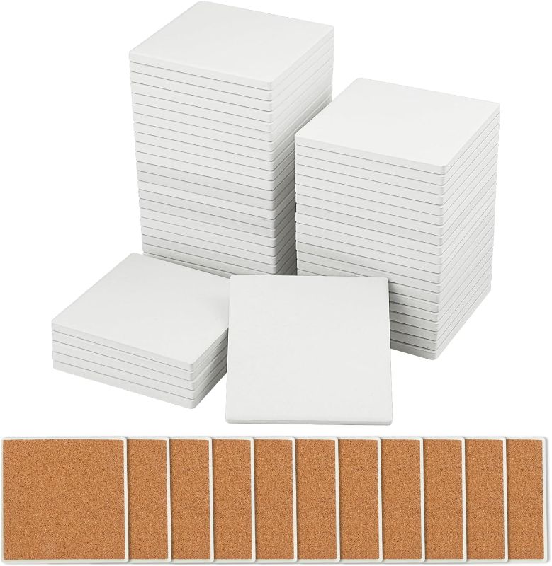 Photo 1 of 50 Pieces 4 Inch Blank Ceramic Coasters, Unglazed Ceramic Tiles Coasters, Ceramic Tiles with Cork Backing Pads for Painting, DIY Crafts, Mosaics, Square, White