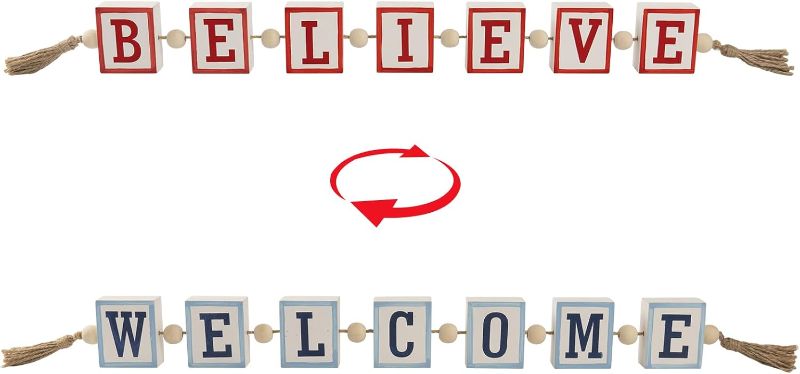 Photo 1 of Coastal Welcome Sign Decor, Wooden Christmas Believe Double Decorated with Tassel and Beads, Christmas Table Decor for Home Mantel Shelf Centerpieces Tiered Tray