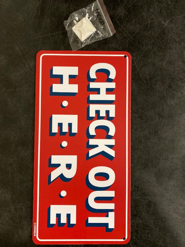 Photo 1 of GEEKBEAR Check Out Here Sign Hanging from Ceiling - 12 x 6 in (Red)