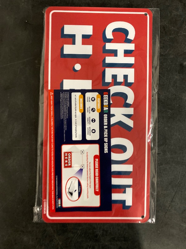 Photo 1 of GEEKBEAR Check Out Here Sign Hanging from Ceiling - 12 x 6 in (Red)