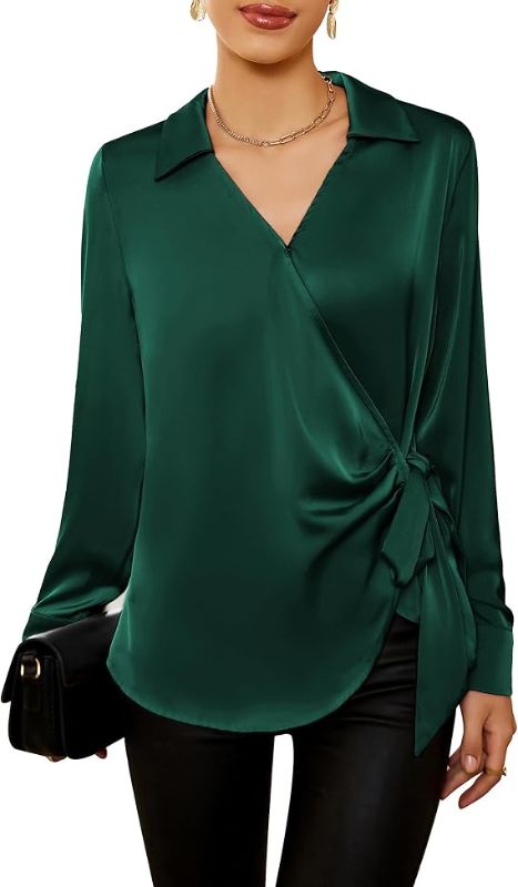 Photo 1 of Medium GRACE KARIN Women's Satin Silk Blouses Wrap V Neck Shirts Long Sleeve Elegant Tie Waist Office Formal Work Tunic Pullover Tops