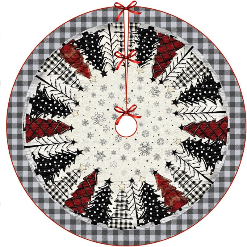 Photo 1 of Christmas Tree Skirt 48 Inch, Red and Black Buffalo Plaid Xmas Tree Skirts, Christmas Tree Mat for Holiday Party Indoor Outdoor Christmas Tree Decoration (Grey)