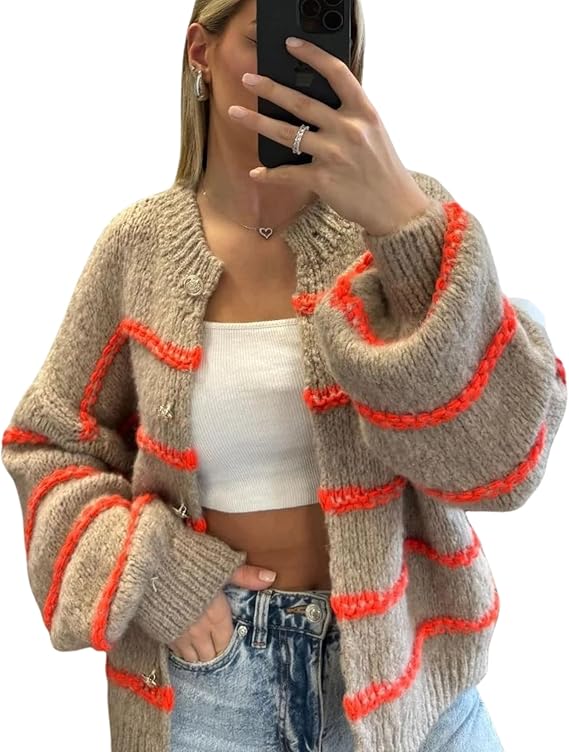 Photo 1 of M Womens Striped Cardigan Sweaters Casual Open Front Long Sleeve Button Down Knit Outwear