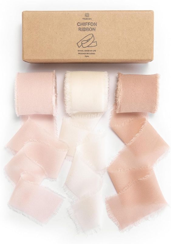 Photo 1 of Vitalizart Pink Handmade Chiffon Silk Ribbon Fringe 1.5" x 21 Yd Blush Pink & White Frayed Edges Ribbons for Wedding Invitations Bridal Bouquets Gifts Wrapping Crafts Holiday Party Decorations