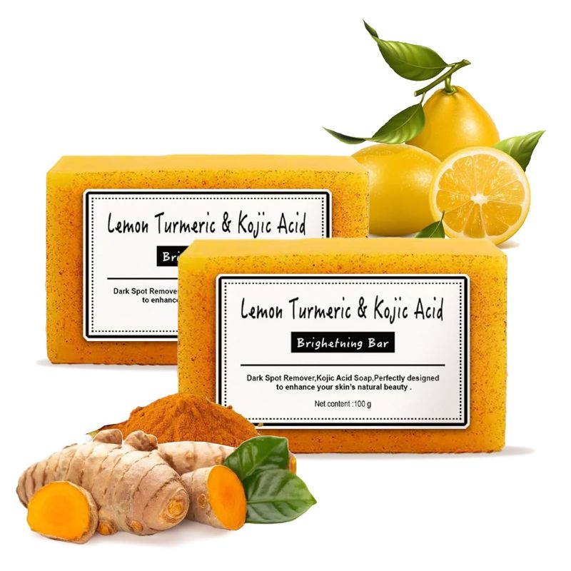 Photo 1 of 2PCS Lemon Turmeric Kojic Soap,Turmeric Soap Bar,Natural Gentle Cleanser for Face and Body,Natural Turmeric Handmade Soap for Men, Women