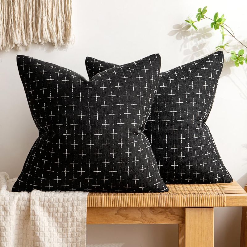 Photo 1 of MIULEE Pack of 2 Decorative Burlap Linen Outdoor Throw Pillow Covers Modern Farmhouse Vintage Pillowcase Rustic Woven Textured Cushion Cover for Sofa Couch Bed 18x18 Inch Black