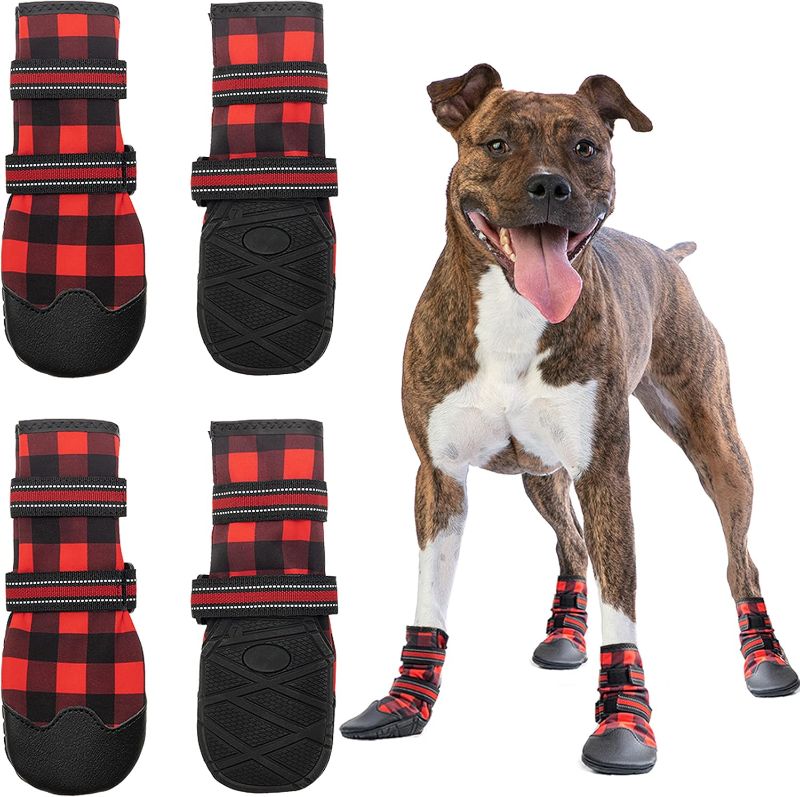 Photo 1 of Dog Shoes for Medium Large Dogs, Waterproof Anti-Slip Rain/Snow Winter Warm Outdoor Dog Boots, Adjustable Reflective Rubber Sole Paw Protector Dog Shoes for Running Hiking Walking,etc.
