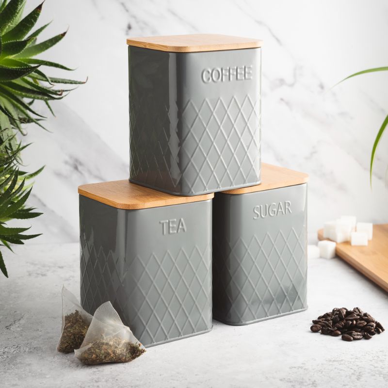 Photo 1 of Kitchen Storage Set | 3-Piece Square with Bamboo Lids | Tea Coffee Sugar | Grey