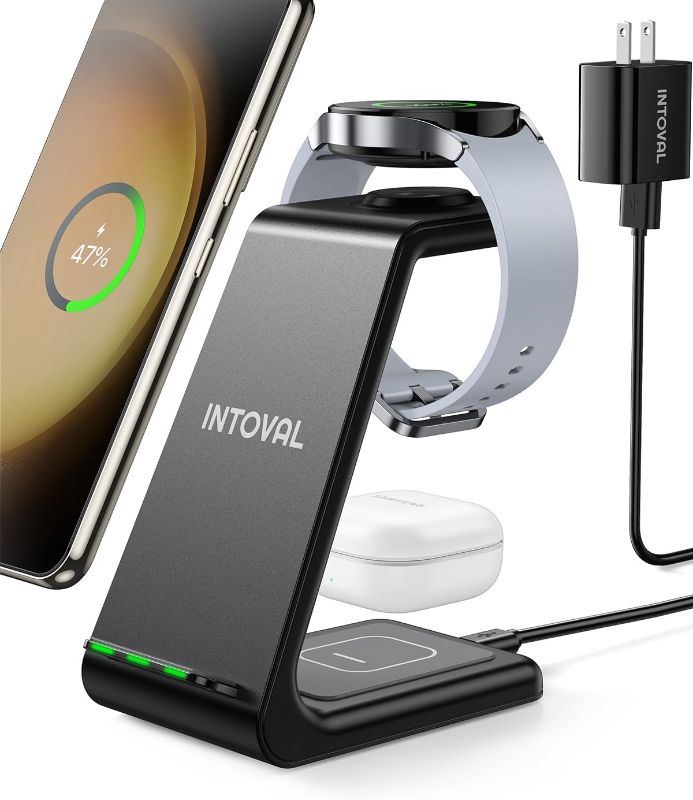 Photo 1 of Intoval Wireless Charger,Wireless Charging Station for Samsung Galaxy Phone/Watch/Buds,Fit for Note 20/Note 10/S21/S20,Galaxy Watch 4/3,Active 2/1,Galaxy Buds/Pro/+/Live(S3,Black)