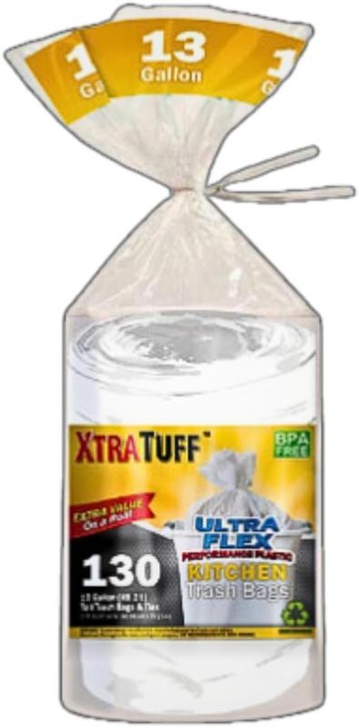 Photo 1 of 13 Gallon Trash Bags, Tall Kitchen Garbage Bags, Unscented Heavy Duty White Plastic Bags, 130 Count - Strong and Durable for Home and Office Use