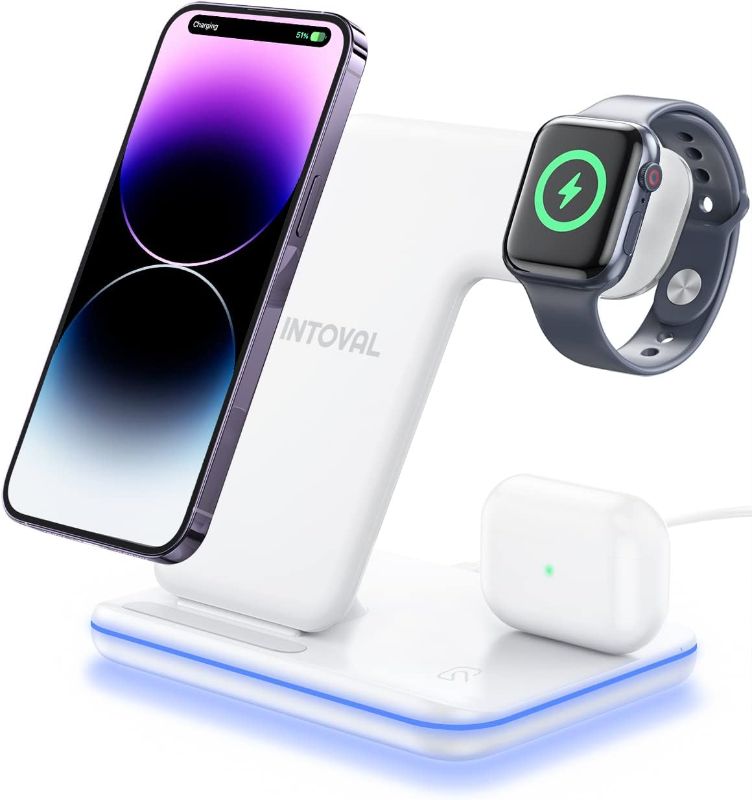 Photo 1 of Intoval Charging Station for Apple iPhone/iWatch/Airpods, 3 in 1 Wireless Charger for iPhone15/14/13(Pro, Pro Max) 12/11/XS/XR, iWatch9/8/Ultra/7/6/SE/5/4/3/2, Airpods Pro2/Pro1/3/2/1(Z5 White)