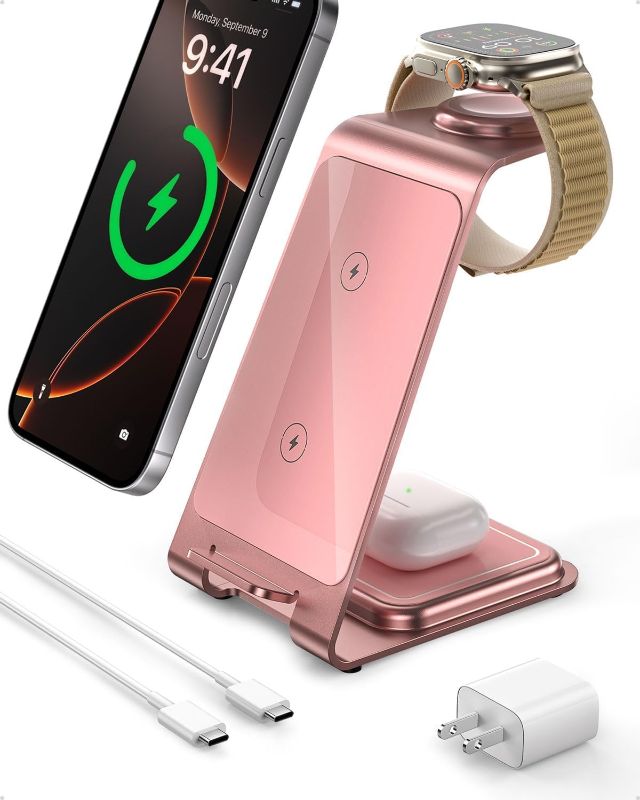 Photo 1 of Intoval 3 in 1 Wireless Charging Station for iPhone 16 Pro/16/16 Pro Max/15 Pro/15/15 Pro Max/14 Pro/14/14 Pro Max, for Apple Watch 10/Ultra 2/SE/9/8/7/6/5/4/3/2 (Y93, Pink)
