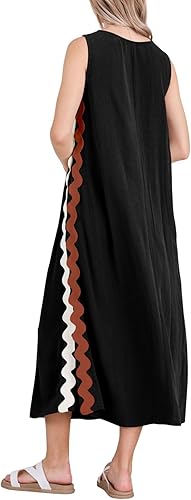 Photo 1 of (XS) chouyatou Women's Summer Boho Casual Sleeveless Beach Dress Long Side Slit RIC Rac Maxi Sundress (X-Small,Black)