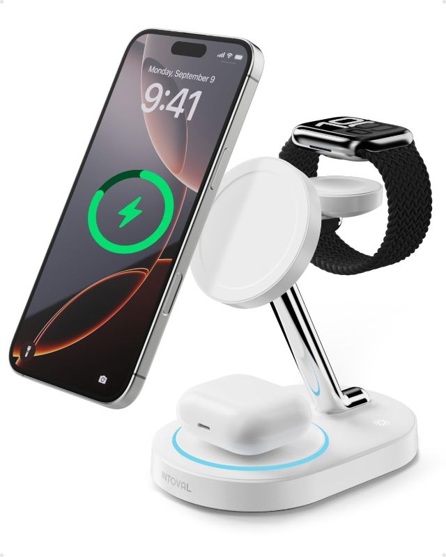 Photo 1 of Intoval Fast Charging Station for Magsafe Apple Devices, Wireless Charger for MagSafe iPhones, 3 in 1 Magnetic Charger Stand for iPhone16/15/14/13, Apple Watch & AirPods.(White)